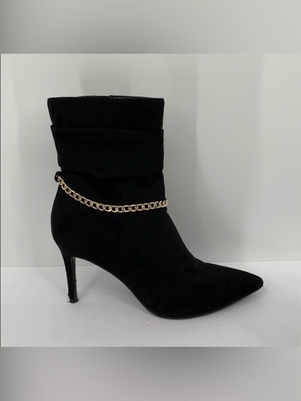 Marc Fisher Danisa short ankle boots black faux suede gold chain stiletto heel 8